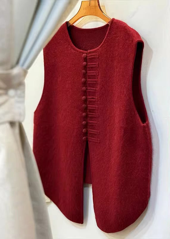 Women Red Chinese Button Side Open Knit Vests Winter
