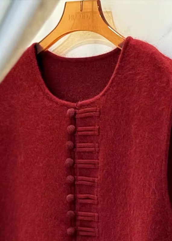 Women Red Chinese Button Side Open Knit Vests Winter