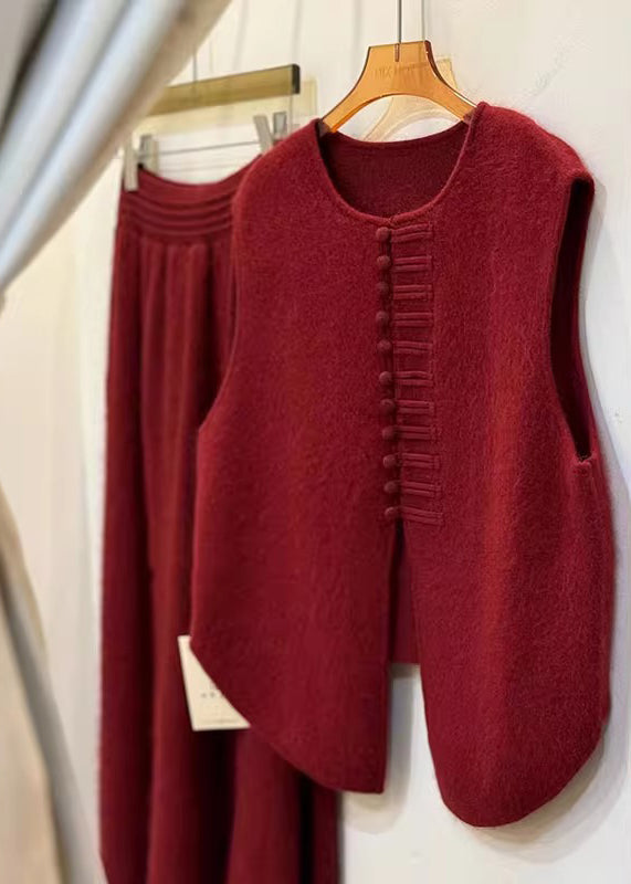 Women Red Chinese Button Side Open Knit Vests Winter