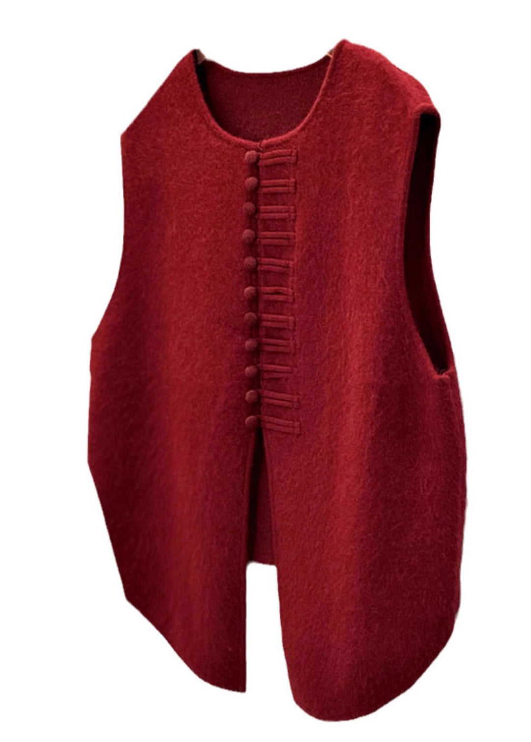 Women Red Chinese Button Side Open Knit Vests Winter