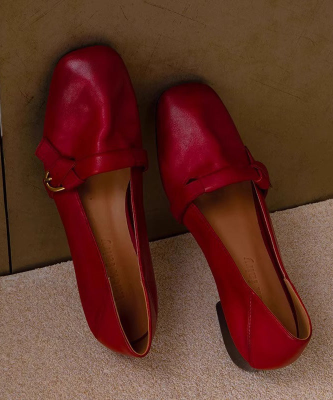 Women Red Chunky Shoes Cowhide Leather Comfy Splicing