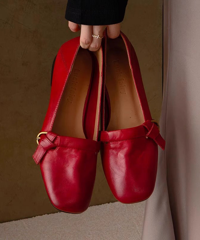 Women Red Chunky Shoes Cowhide Leather Comfy Splicing