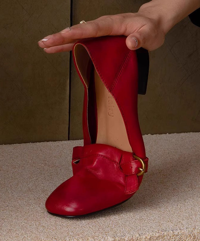 Women Red Chunky Shoes Cowhide Leather Comfy Splicing