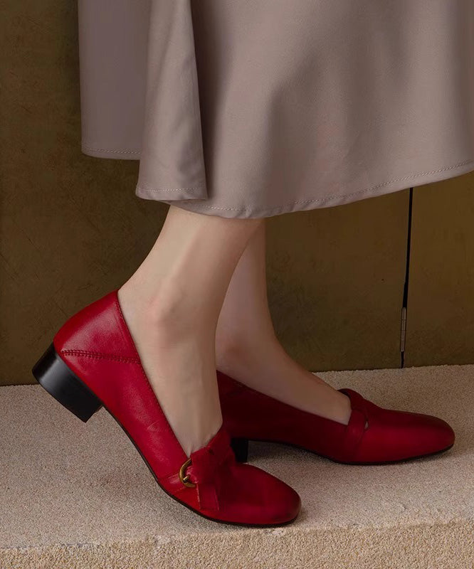 Women Red Chunky Shoes Cowhide Leather Comfy Splicing
