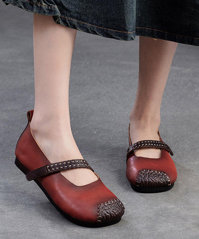 Women Red Cowhide Leather Splicing Flat Shoes