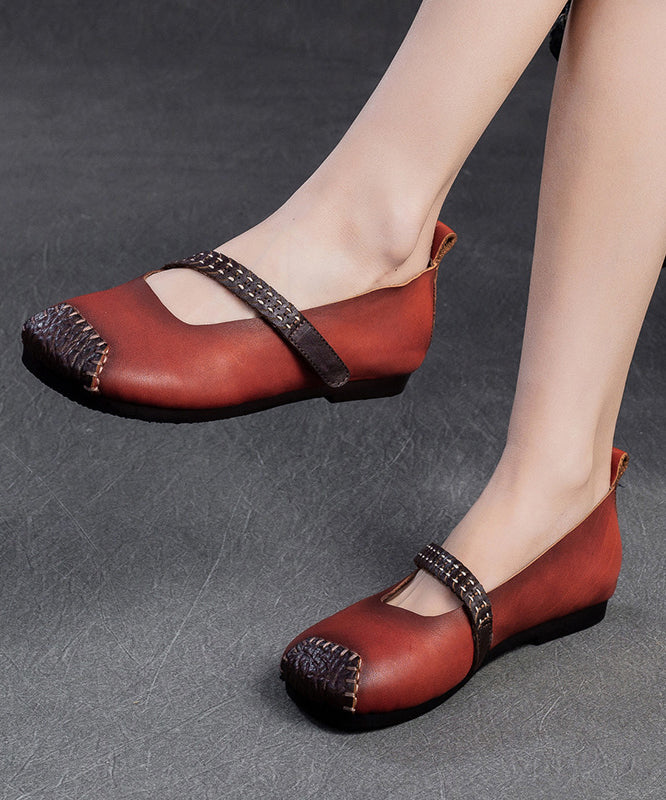 Women Red Cowhide Leather Splicing Flat Shoes