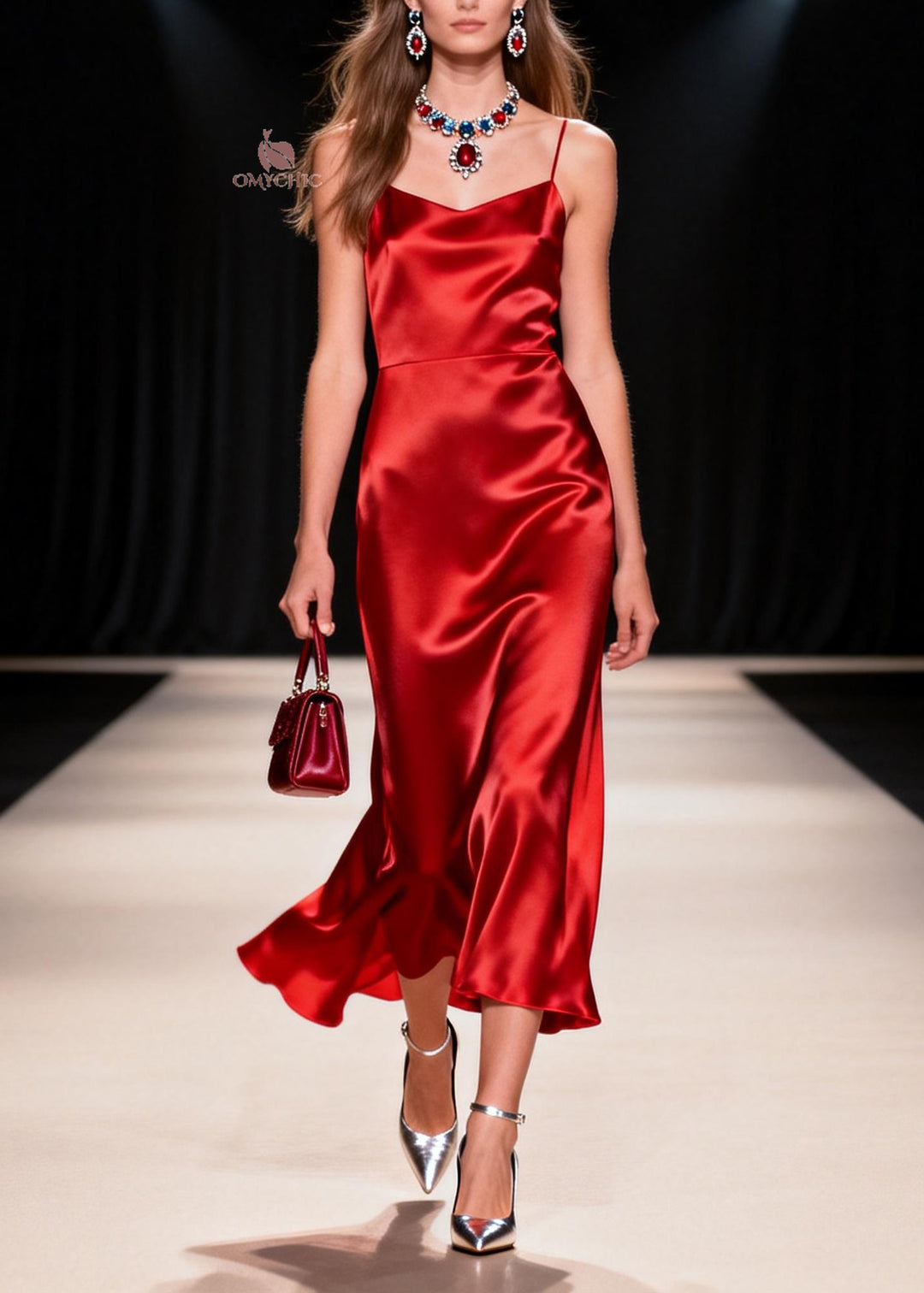 Women Red Draping Silk Spaghetti Strap Dress Summer