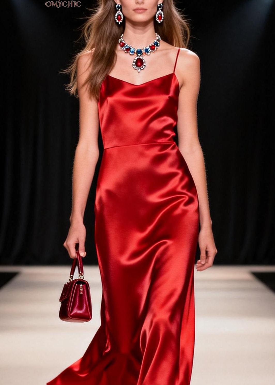 Women Red Draping Silk Spaghetti Strap Dress Summer