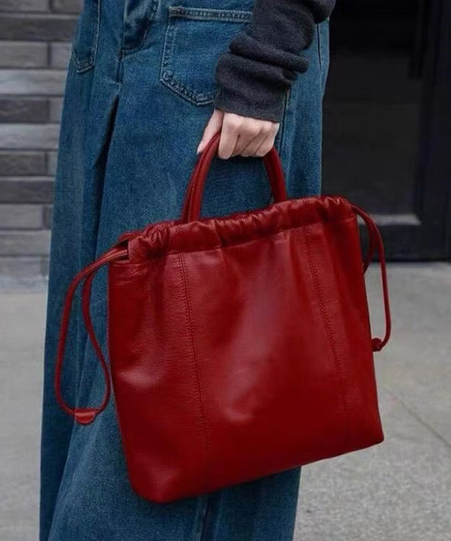 Women Red Drawstring Large Capacity Faux Leather Satchel Handbag