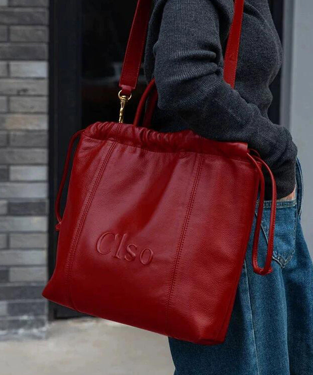 Women Red Drawstring Large Capacity Faux Leather Satchel Handbag