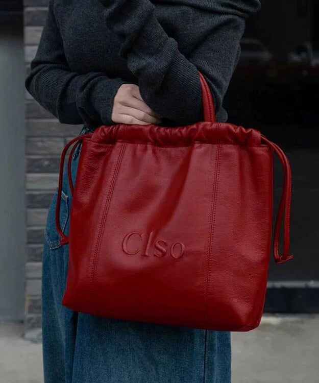 Women Red Drawstring Large Capacity Faux Leather Satchel Handbag