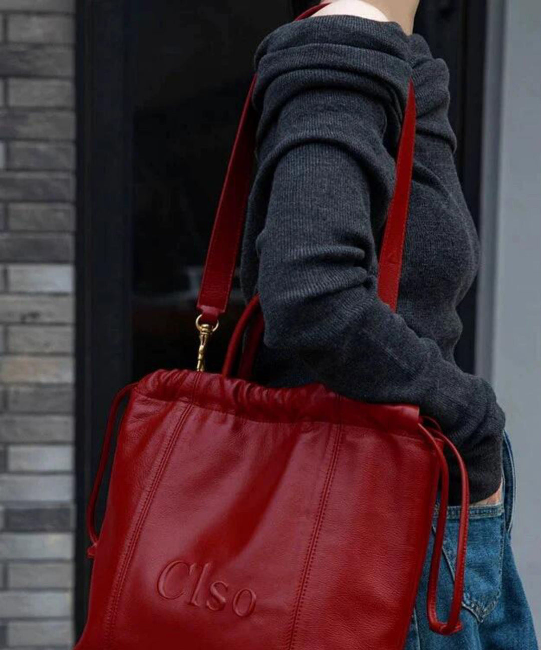 Women Red Drawstring Large Capacity Faux Leather Satchel Handbag