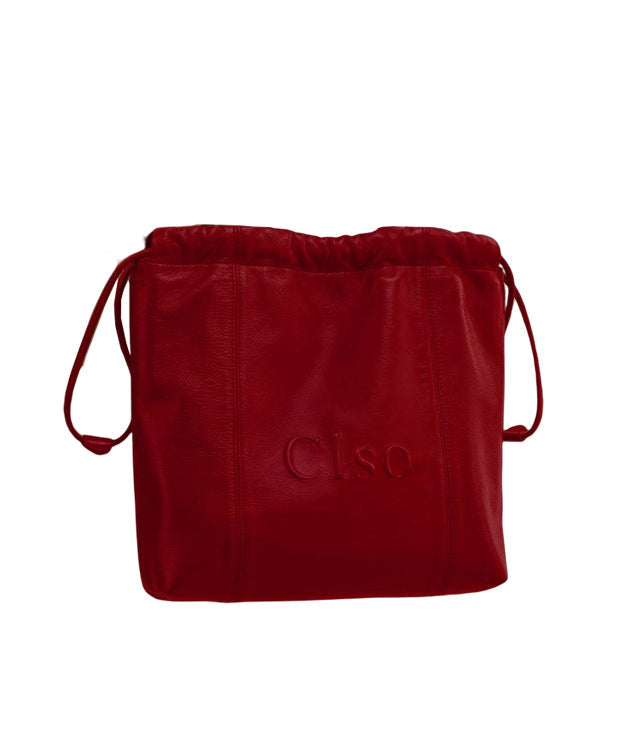 Women Red Drawstring Large Capacity Faux Leather Satchel Handbag