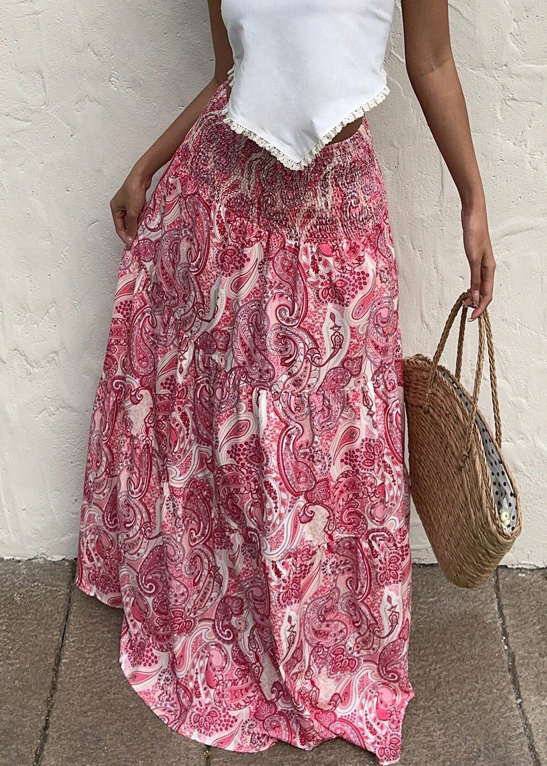 Women Red Elastic Waist Print Cotton Holiday Skirts Summer