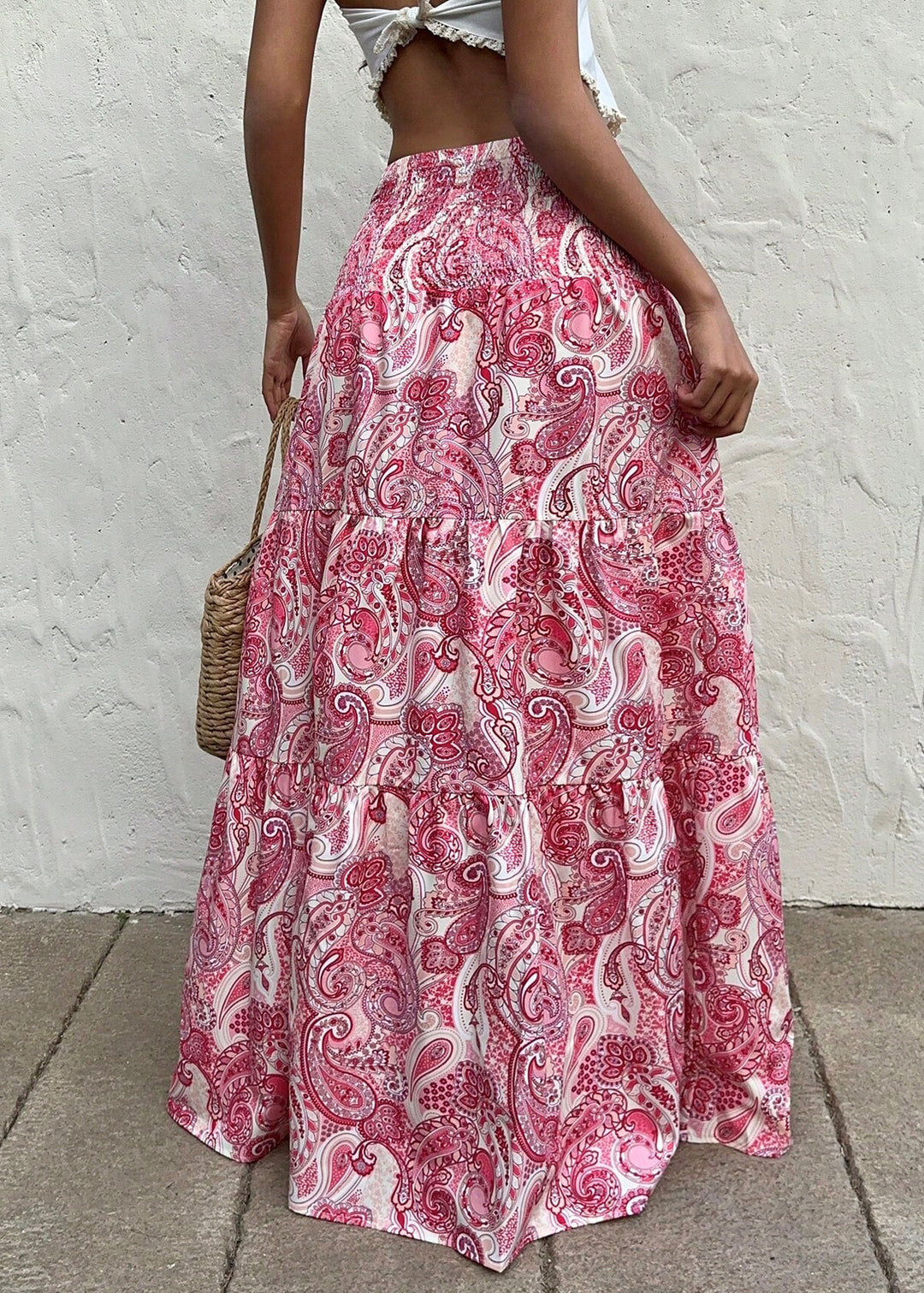 Women Red Elastic Waist Print Cotton Holiday Skirts Summer
