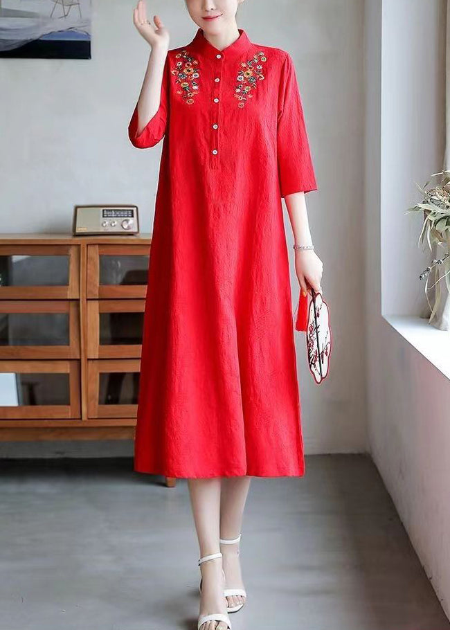 Women Red Embroidered Button Cotton Dress Half Sleeve