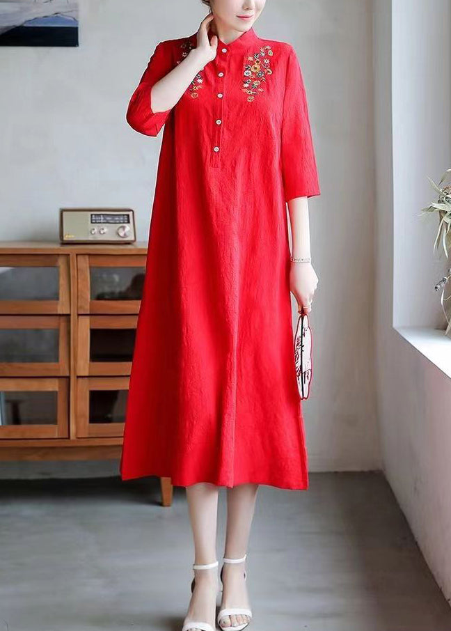 Women Red Embroidered Button Cotton Dress Half Sleeve