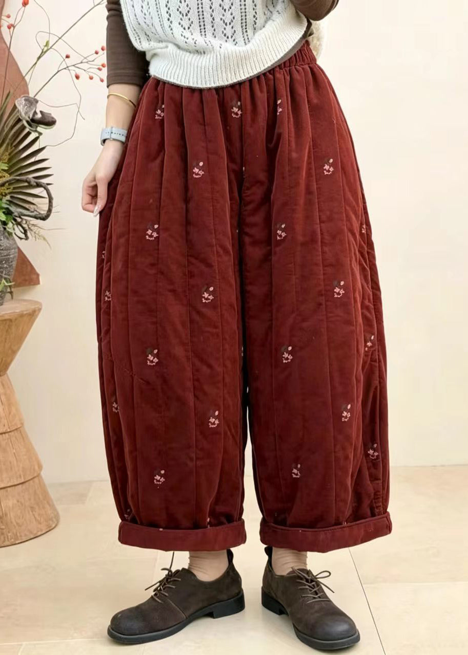 Women Red Embroidered Elastic Waist Corduroy Cotton Filled Crop Pants Fall