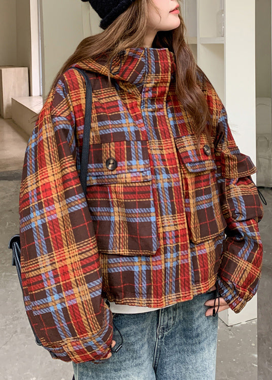 Women Red Hooded Plaid Rabbit Wool Lined Coat Winter