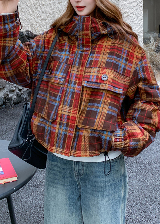 Women Red Hooded Plaid Rabbit Wool Lined Coat Winter