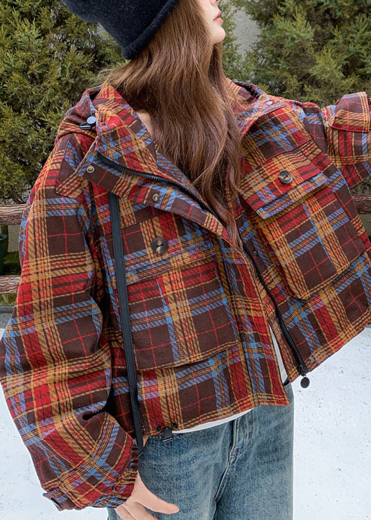 Women Red Hooded Plaid Rabbit Wool Lined Coat Winter