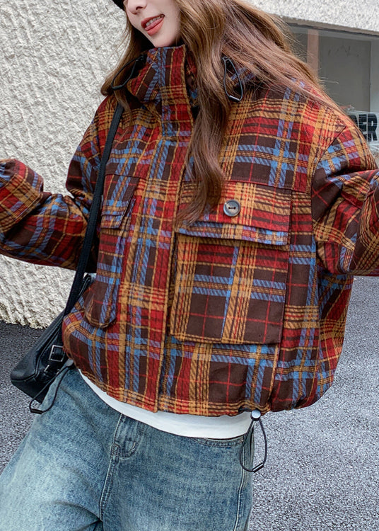 Women Red Hooded Plaid Rabbit Wool Lined Coat Winter