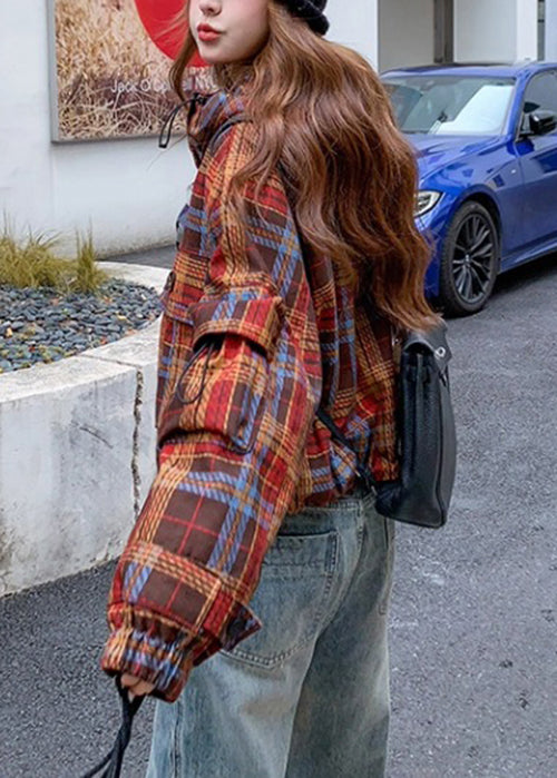 Women Red Hooded Plaid Rabbit Wool Lined Coat Winter