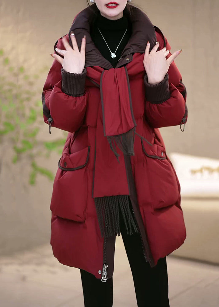 Women Red Hooded Removable Pockets Patchwork Duck Down Down Coats Winte