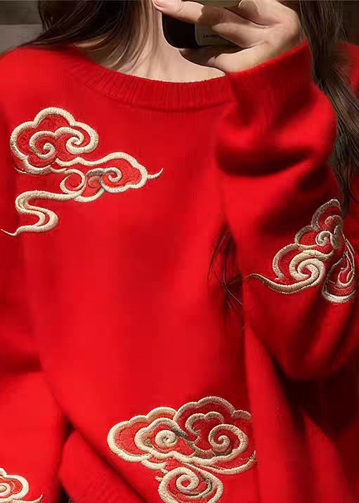 Women Red O Neck Auspicious Clouds Cozy Knit Sweaters Fall