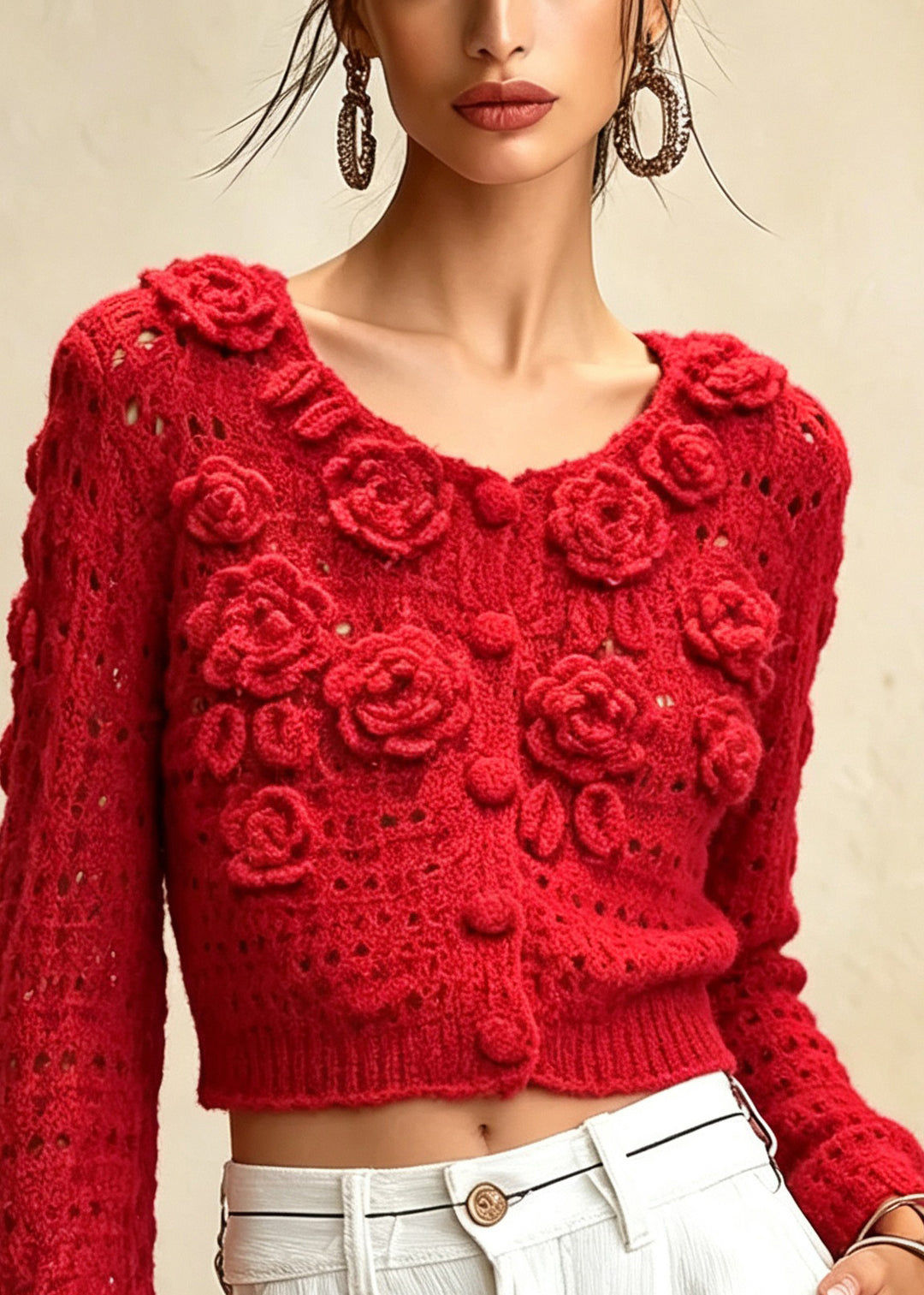Women Red O Neck Floral Hollow Out Knit Cardigan Fall
