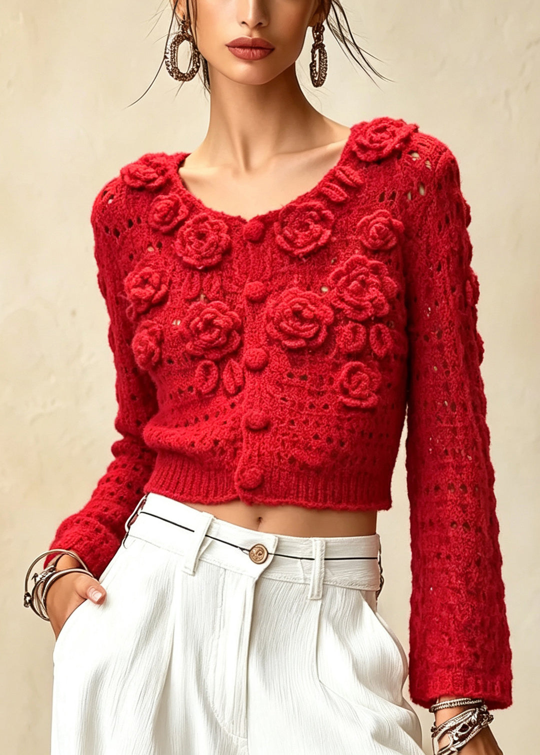 Women Red O Neck Floral Hollow Out Knit Cardigan Fall