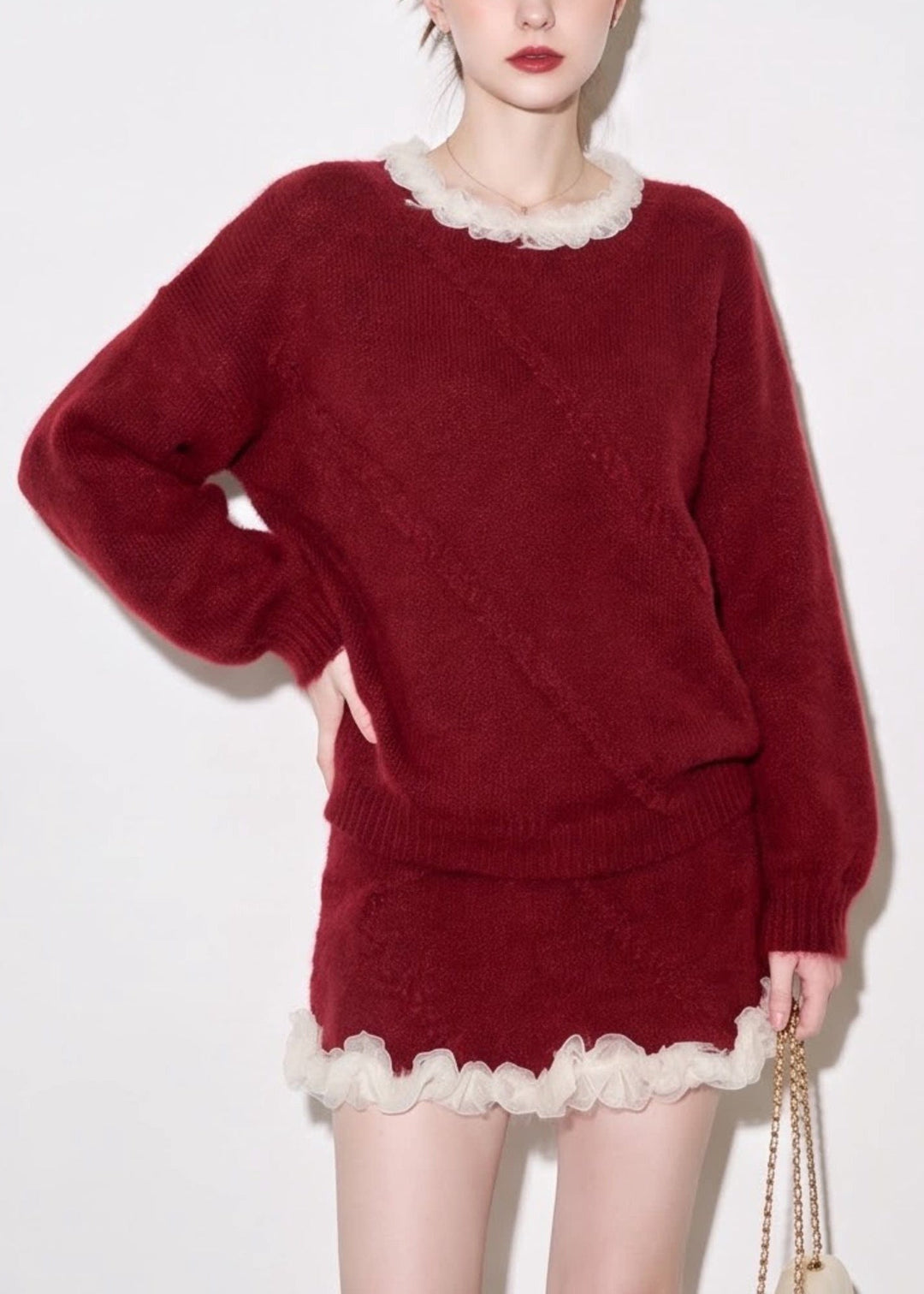 Women Red O-Neck Mesh Ruffled Mink Hair Knitted Two Pieces Set Fall