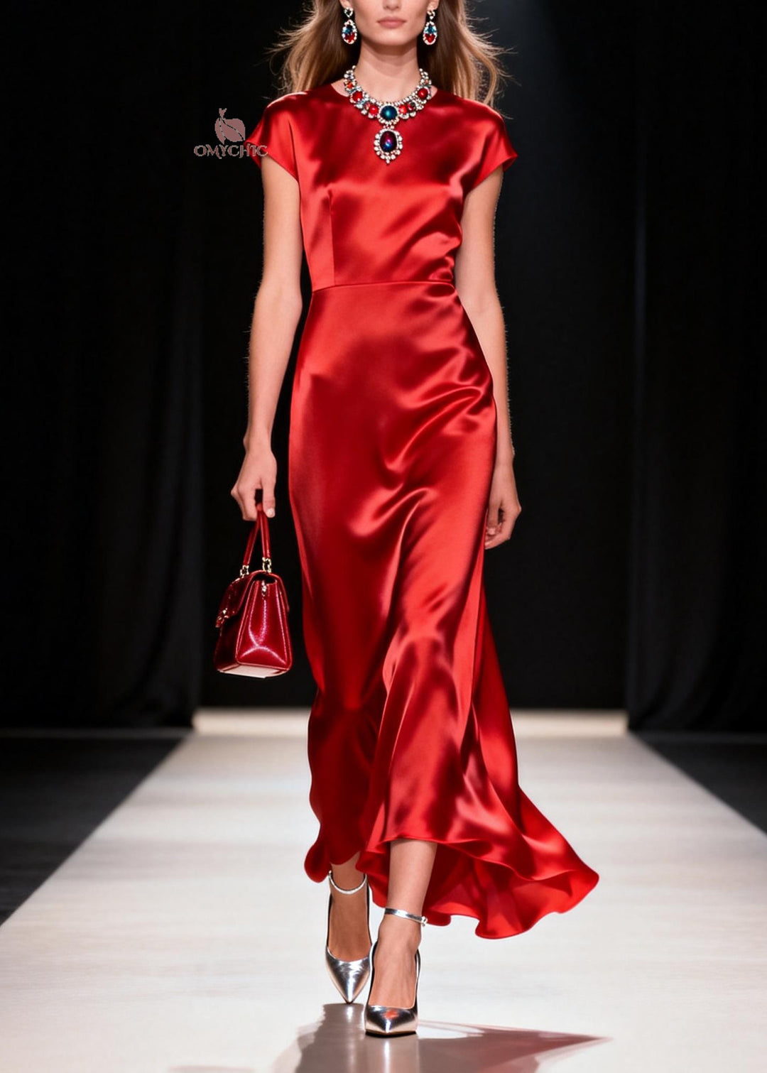 Women Red O Neck Patchwork Silk Long Dress Summer