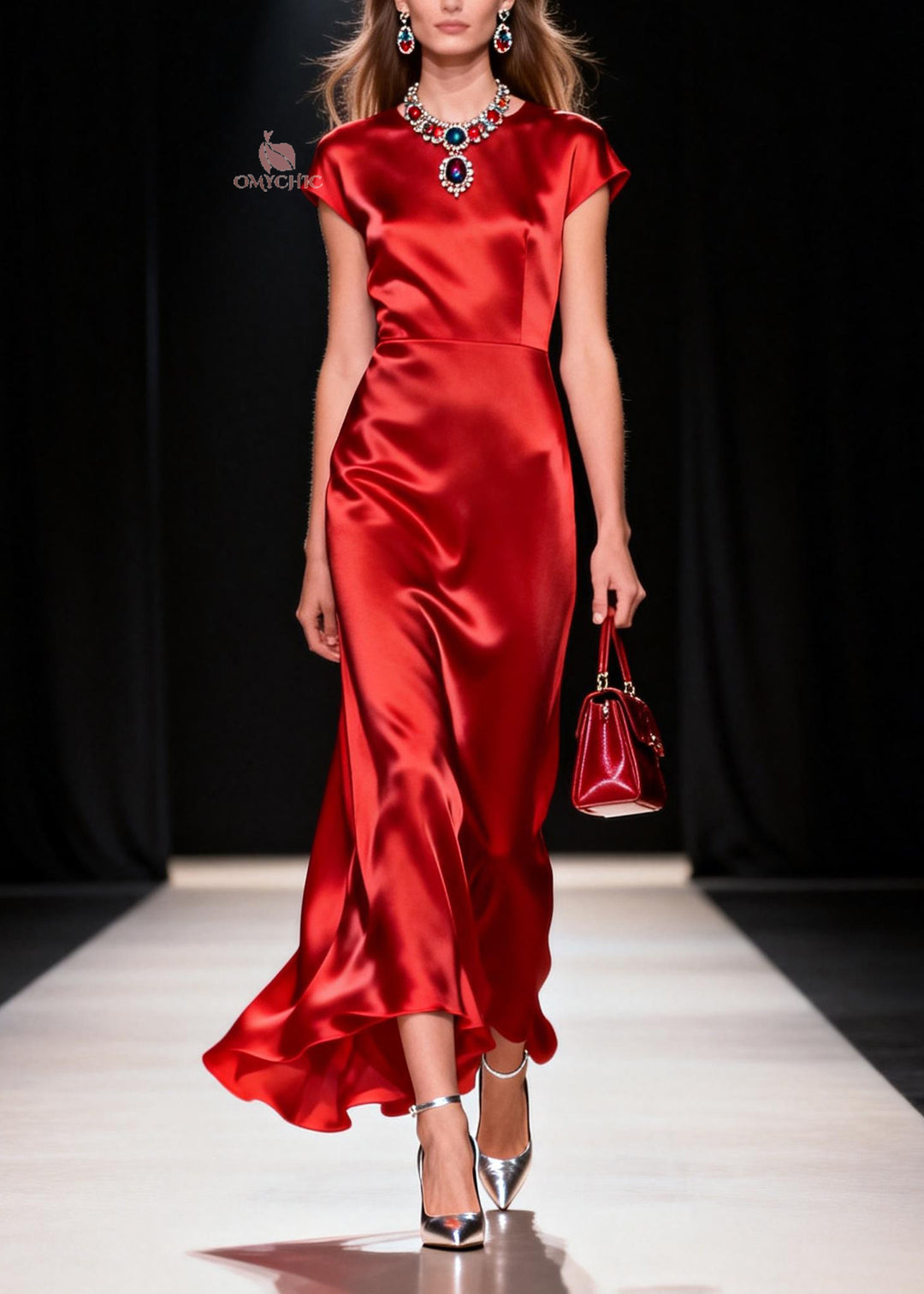 Women Red O Neck Patchwork Silk Long Dress Summer