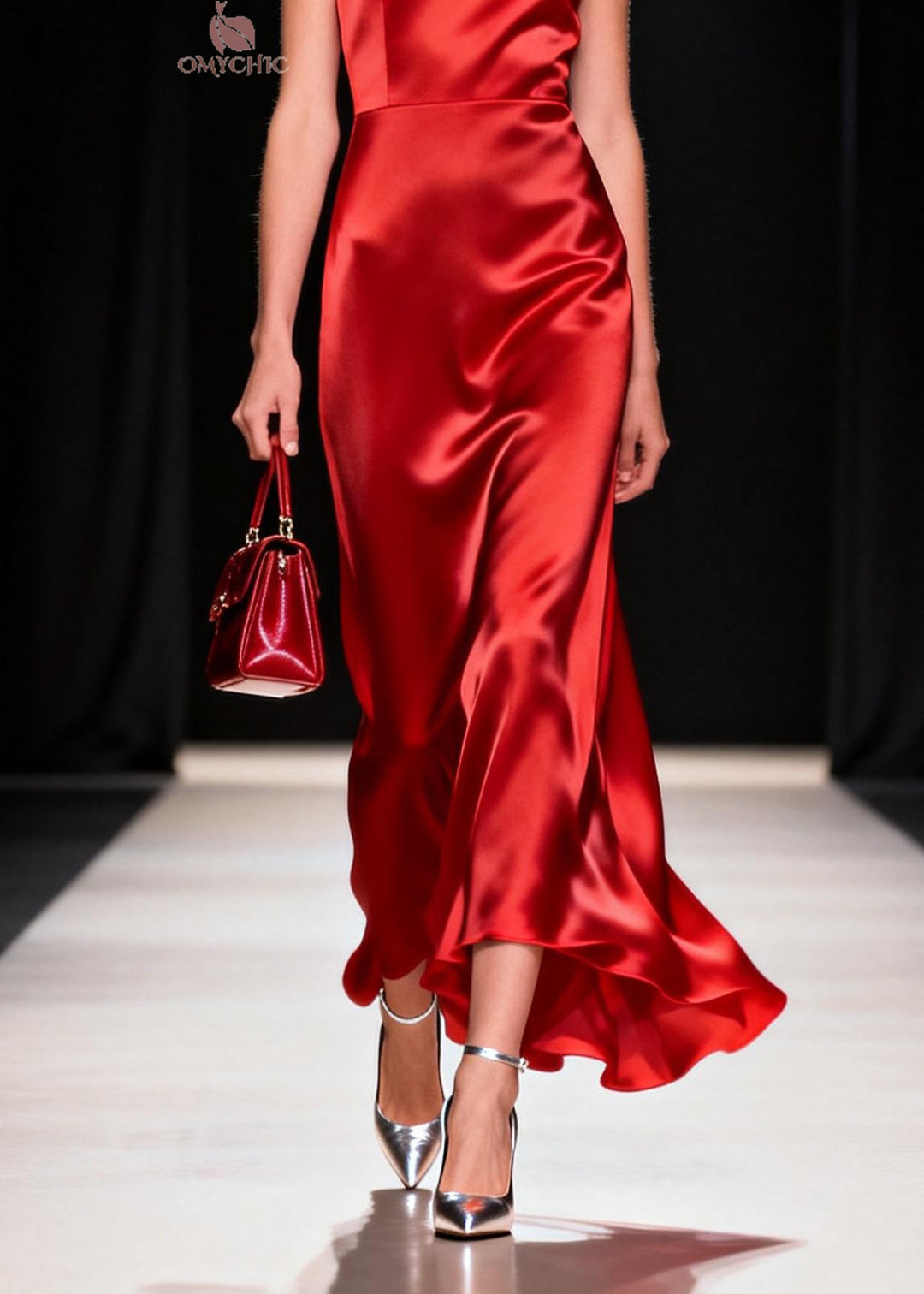 Women Red O Neck Patchwork Silk Long Dress Summer