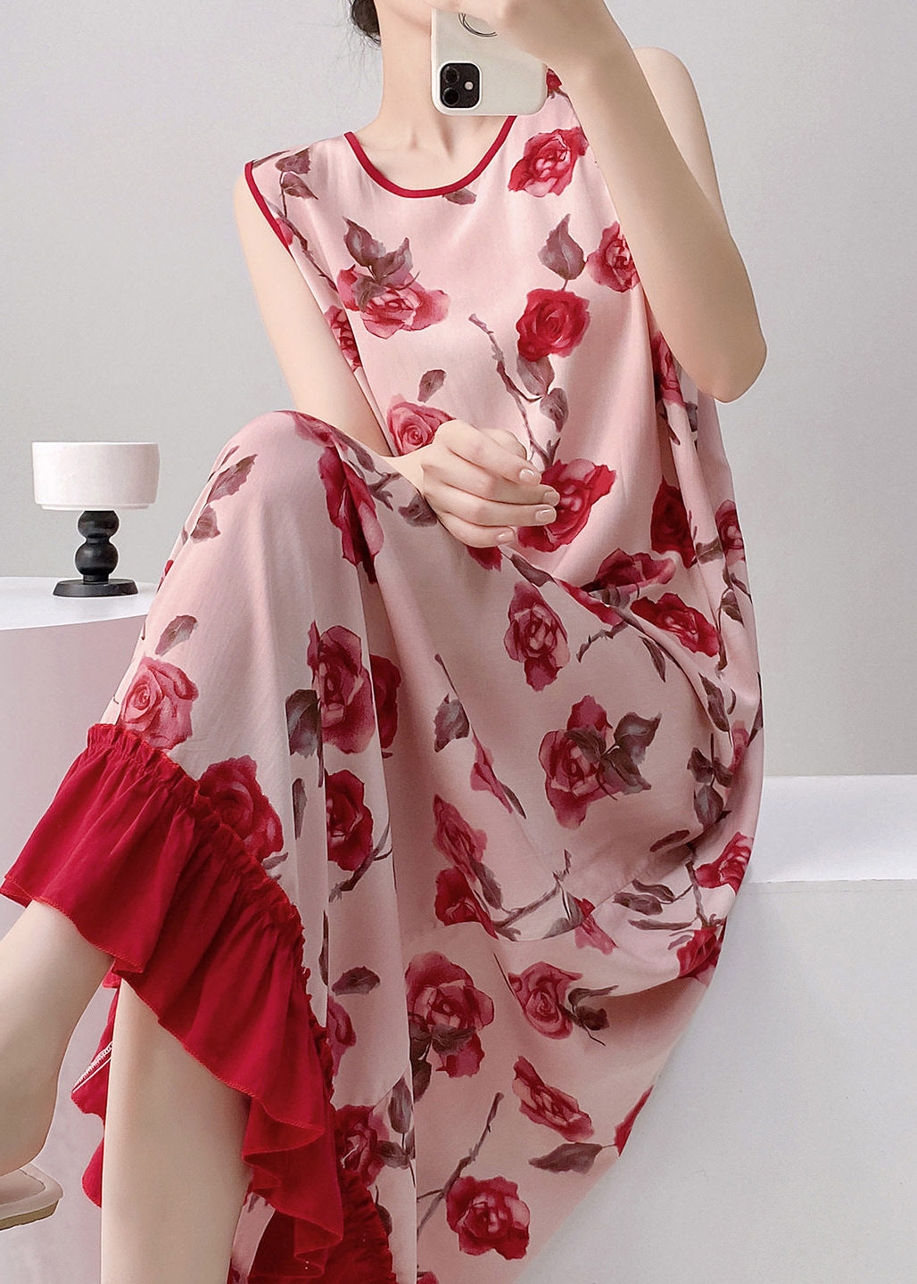 Women Red O-Neck Print Long Dresses Summer