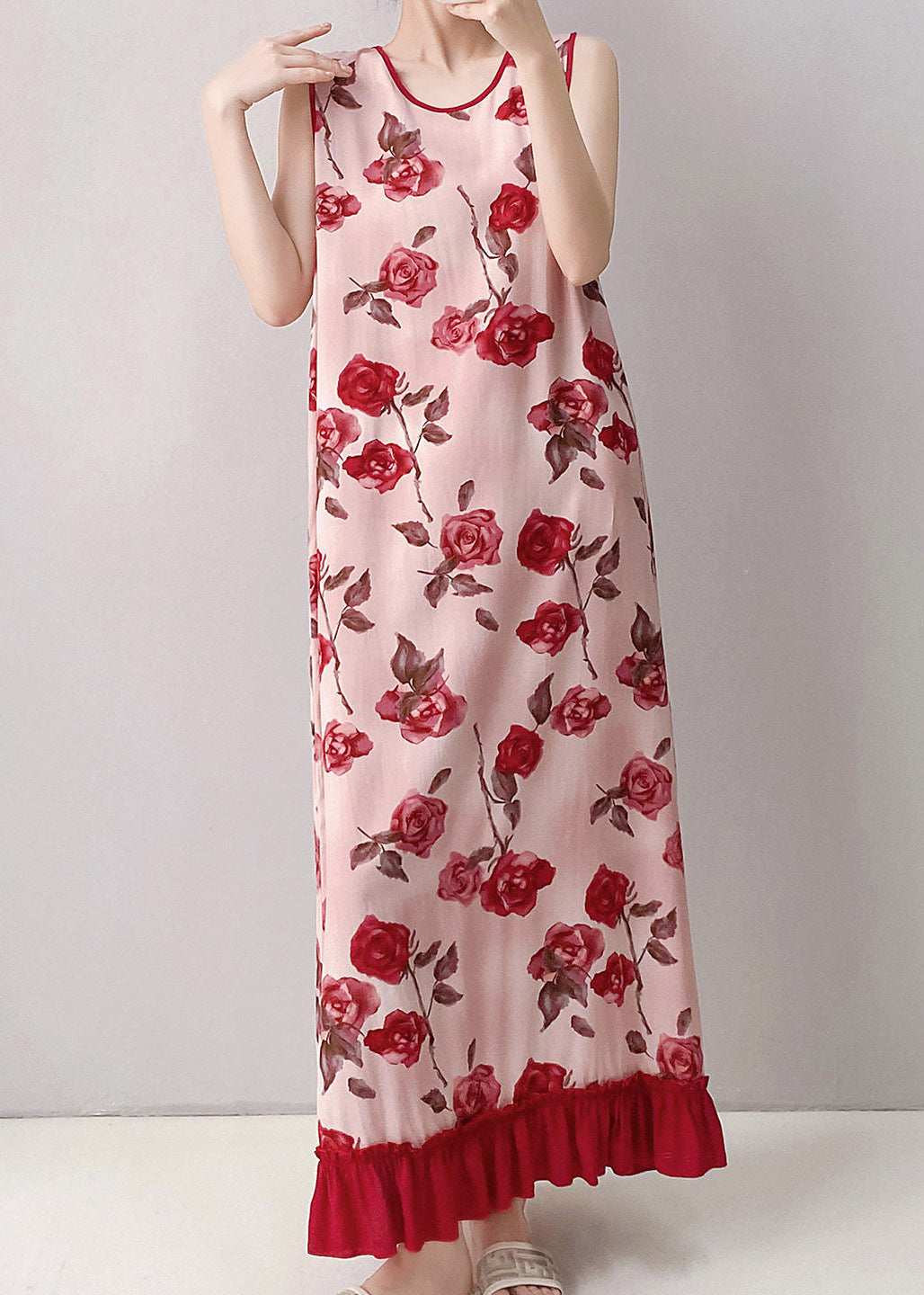 Women Red O-Neck Print Long Dresses Summer