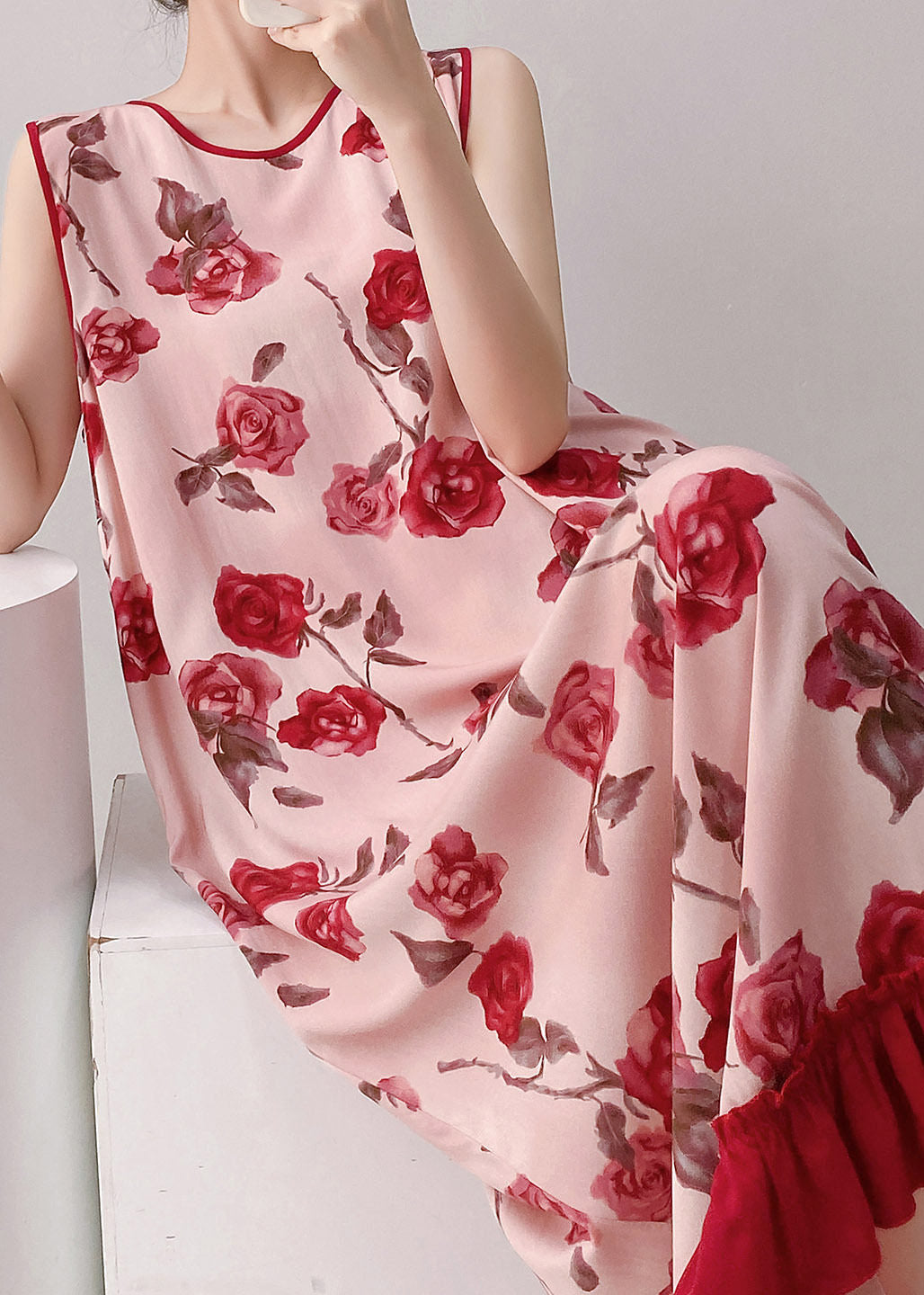 Women Red O-Neck Print Long Dresses Summer