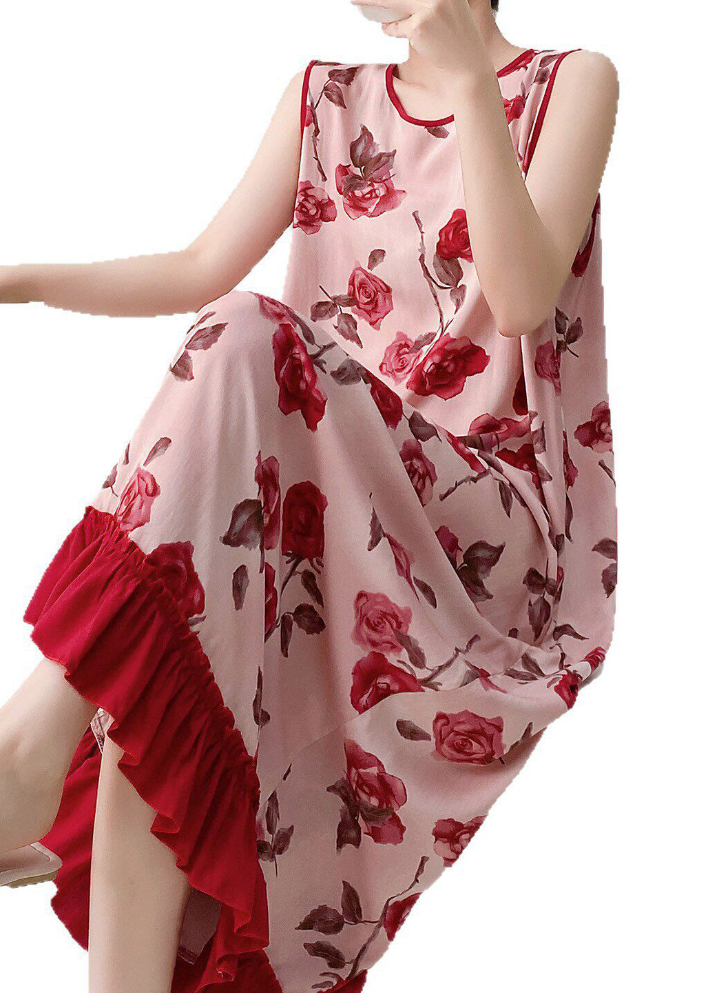 Women Red O-Neck Print Long Dresses Summer