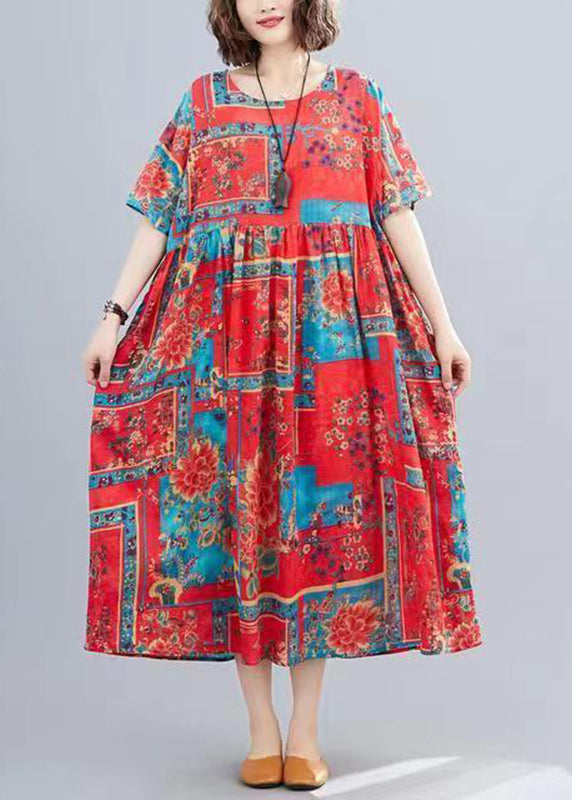 Women Red O-Neck Print Patchwork Long Dresses Short Sleeve