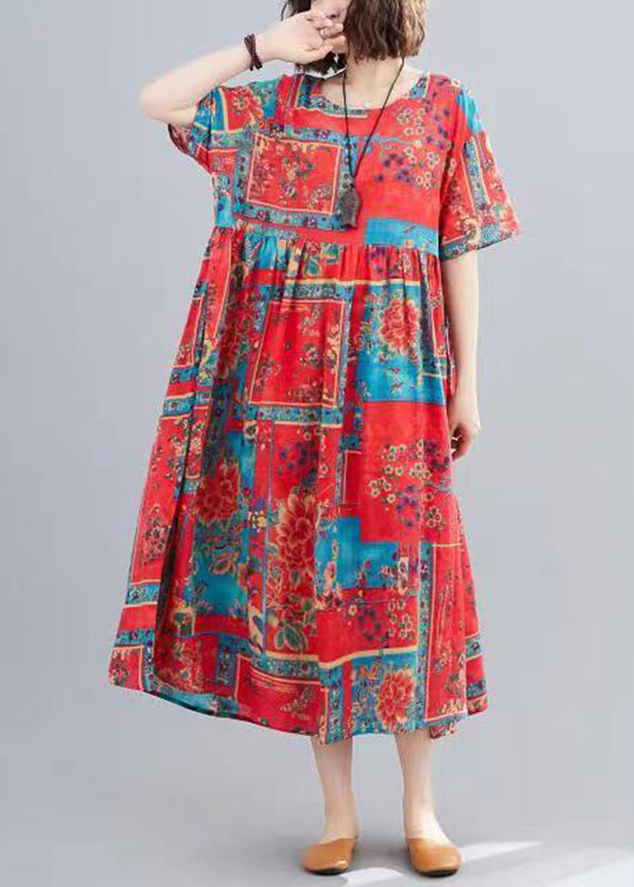 Women Red O-Neck Print Patchwork Long Dresses Short Sleeve