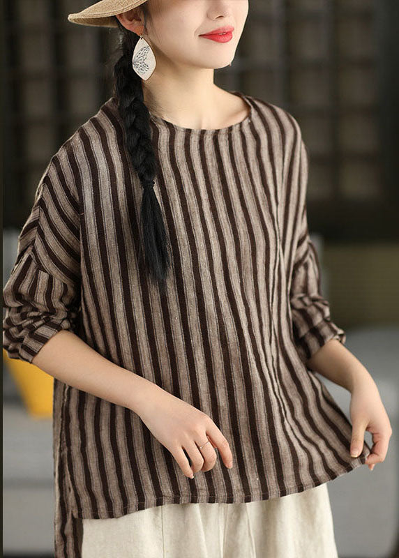 Women Red O Neck Striped Loose Linen Top Long Sleeve