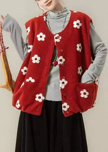 Women Red Oversized Floral Cotton Vest Top Winter