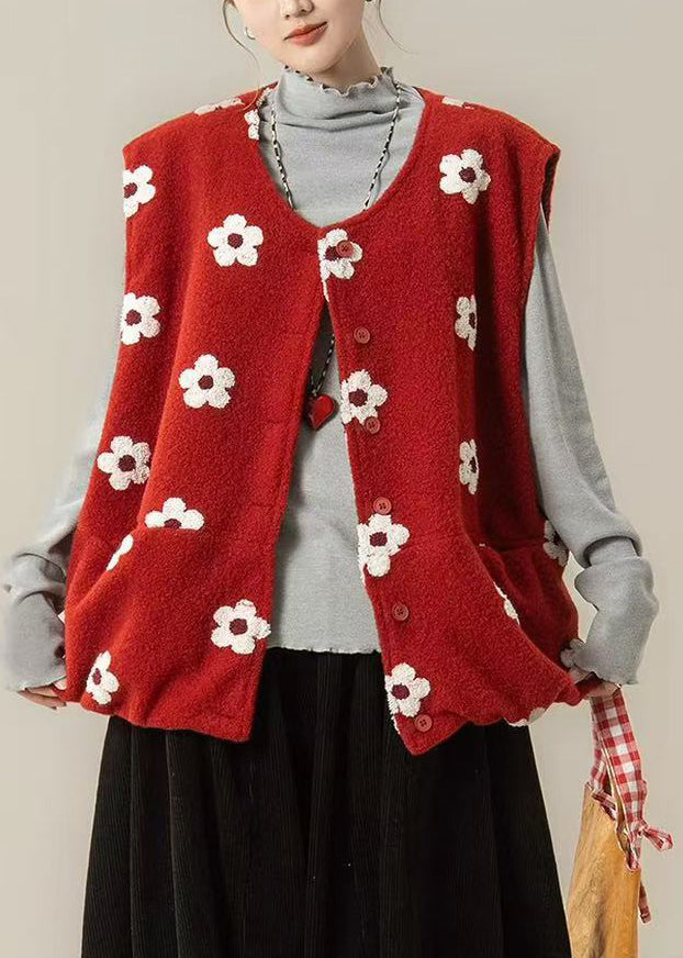 Women Red Oversized Floral Cotton Vest Top Winter
