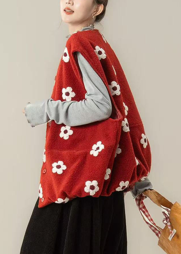 Women Red Oversized Floral Cotton Vest Top Winter
