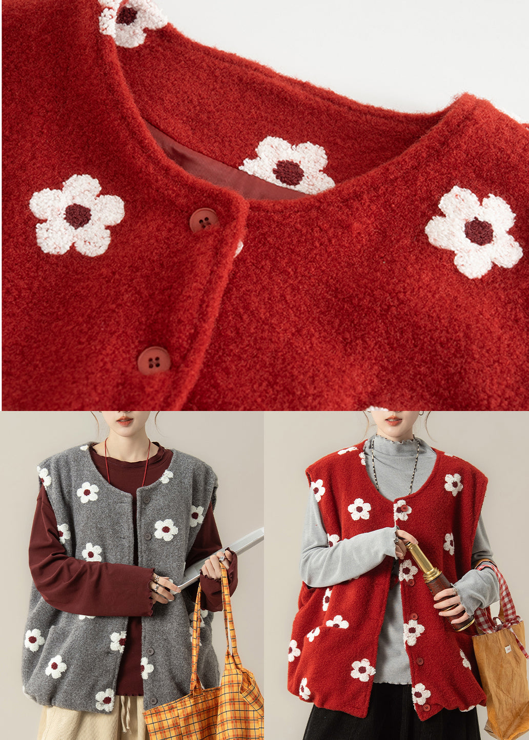 Women Red Oversized Floral Cotton Vest Top Winter
