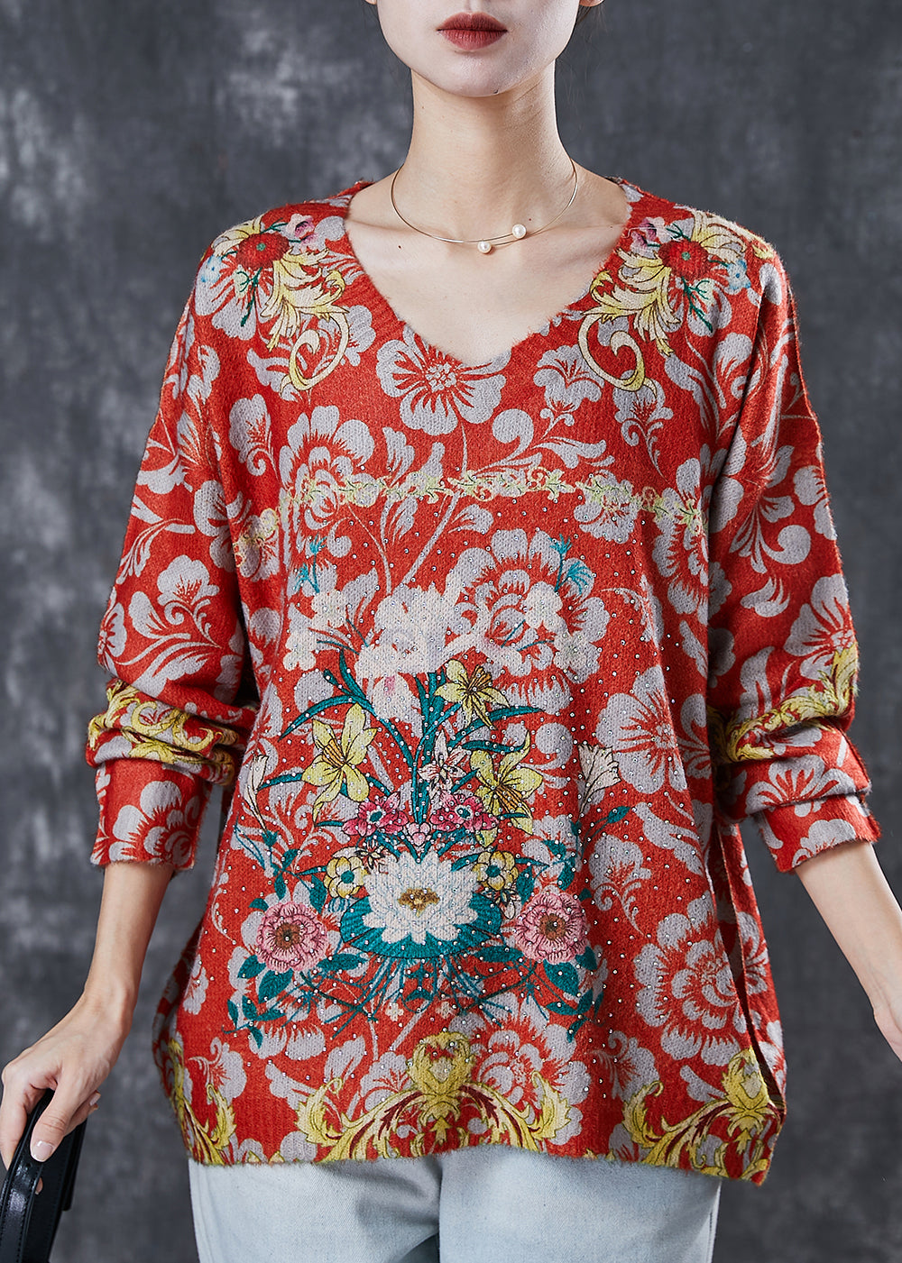 Women Red Oversized Floral Zircon Knit Sweater Spring