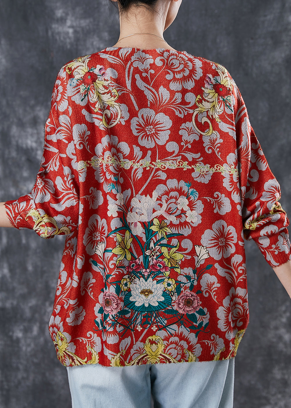 Women Red Oversized Floral Zircon Knit Sweater Spring