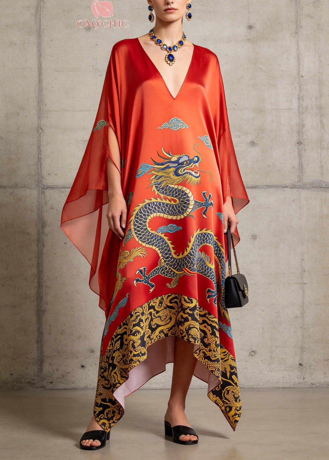 Women Red Oversized Print Silk Vacation Dresses Batwing Sleeve