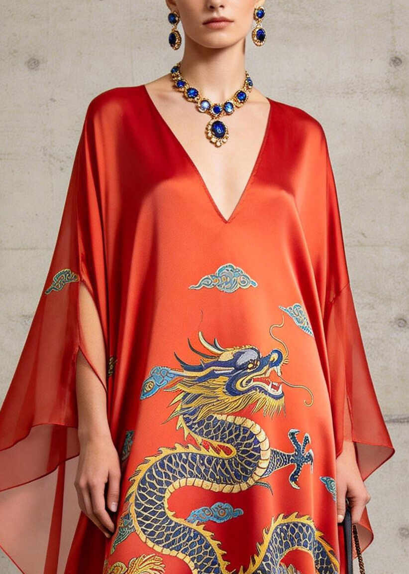 Women Red Oversized Print Silk Vacation Dresses Batwing Sleeve